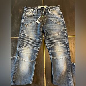 GUESS Men’s Distressed Blue Moto Jeans with Ribbed Knees